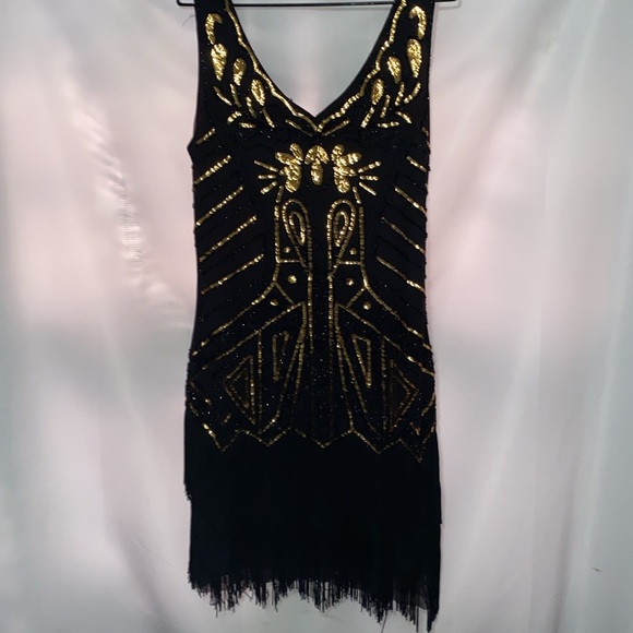BEYONDBABE WO SIZE XL Elegant Black and Gold SEQUINS FLAPPER Women's STYLE Dress - Picture 8 of 11